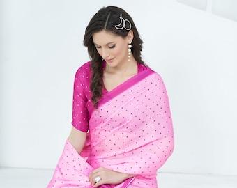 Women&#39;s  satin georgette floral print Saree in Pink with beautiful flowers Printed all over saree attached blouse piece.