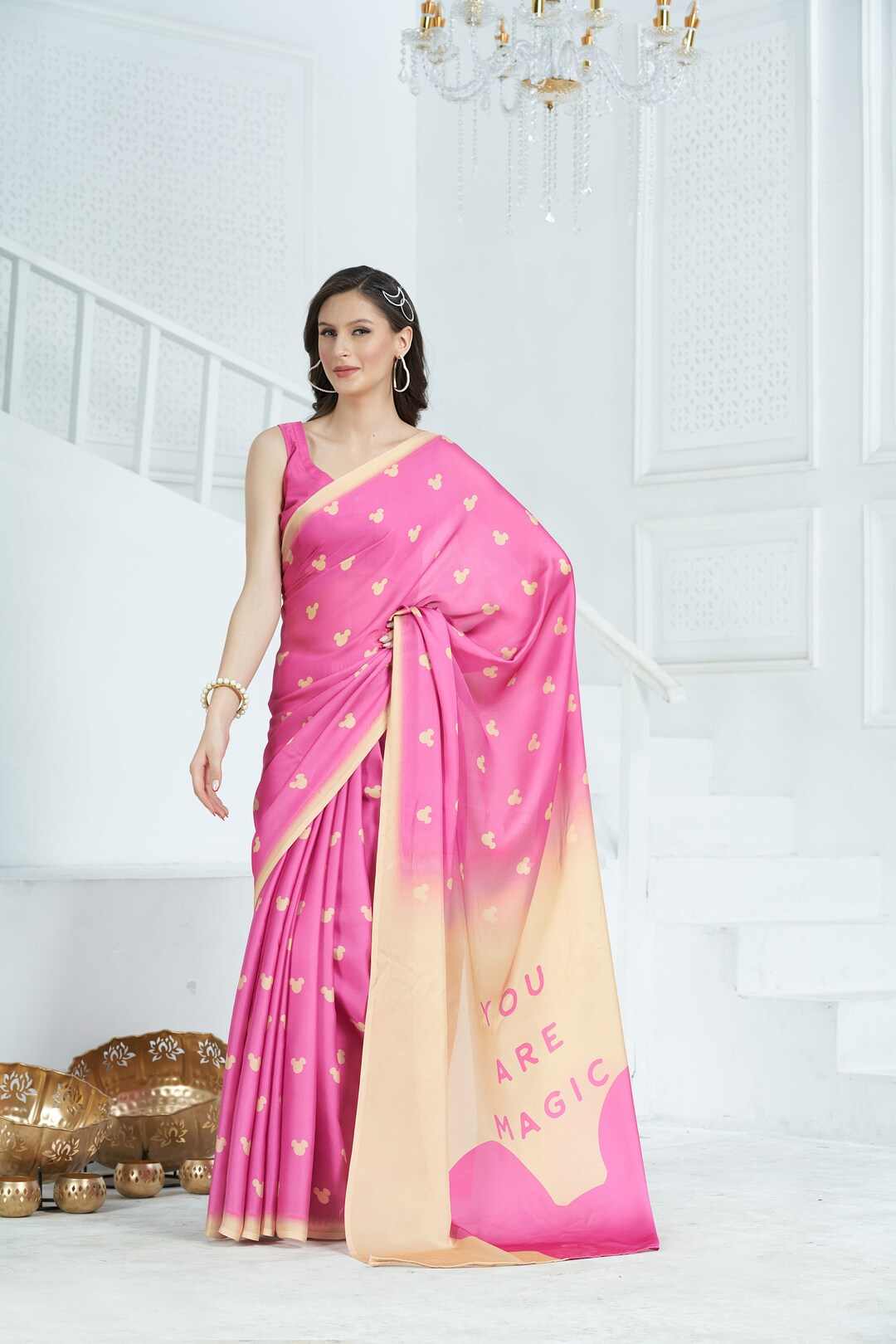 Women's Satin Georgette You Are Magic Saree in Pink and Yellow Blue ...