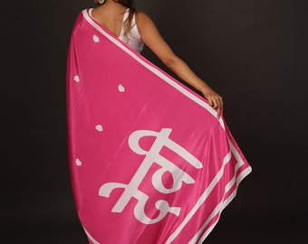 Women&#39;s printed Rani Pink poly crepe saree , devi written on pallu with blouse piece