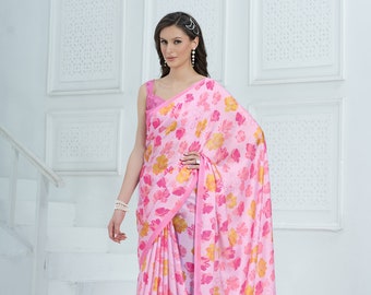 Women&#39;s  satin georgette floral print Saree in Pink with beautiful flowers Printed all over saree attached blouse piece.