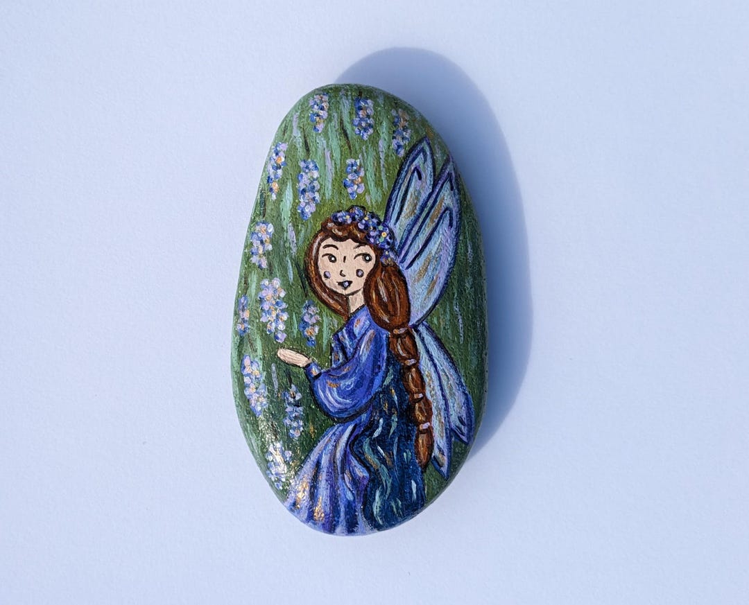 Hand Painted Wisteria Fairy Pebble Paperweight Whimsical Fairy Art hand-painted-wisteria-fairy-pebble-paperweight-whimsical-fairy-art