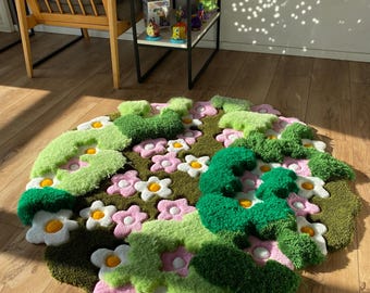 3D Tufted Area Rug, Flowers Fluffy Rug, Moss Rug, Handmade Carpet