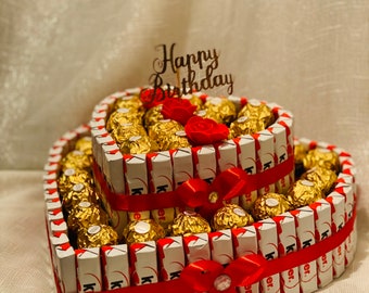 2 or 3 tier heart chocolates & gift cake whether Mother's Day, wedding anniversary, birthday, engagement, wedding, Valentine's Day or just because