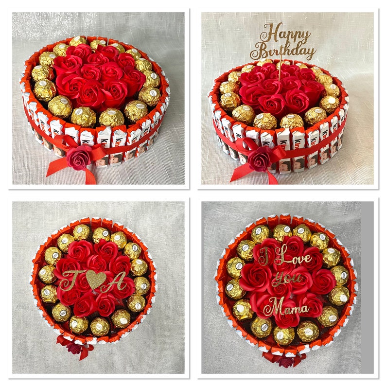 Eine Pralinen Torte mit Seifen Rosen ob Muttertag ,Hochzeitstag, Geburtstag ,Verlobung, Hochzeit, Valentinstag oder einfach nur mal so Bild 1