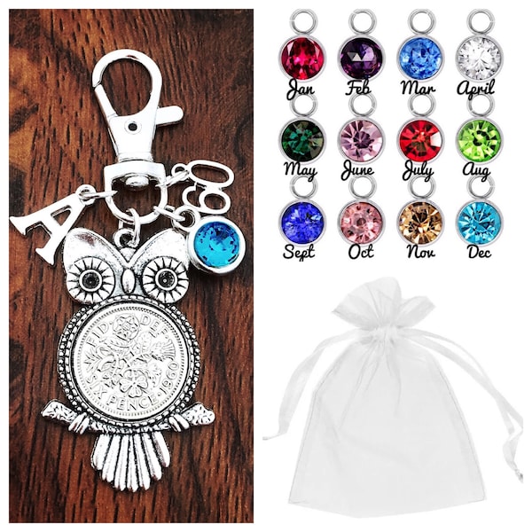 Happy 70th Birthday Gift, Owl Keyring, 1954 Lucky Sixpence,Birthstone, 70th Keepsake, Choice of Letter and Number Charm, Gift Bag