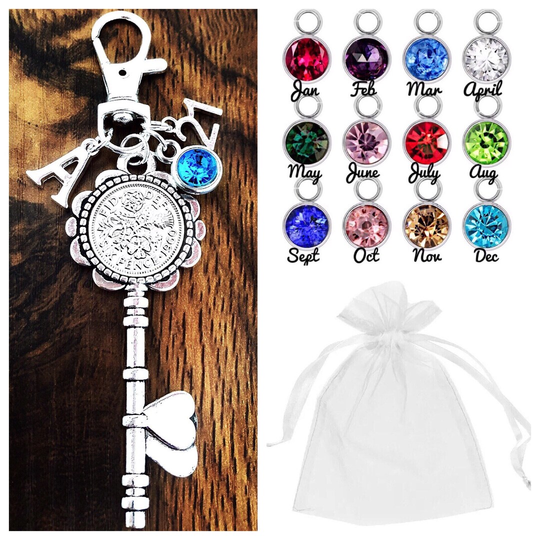 60th Key Personalised Happy 60th Birthday Gift, Key Keyring, Lucky Sixpence ...