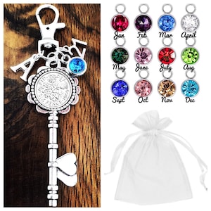 Happy 18th Birthday Gift, Key Keyring, Lucky Sixpence,Birthstone, 18th Keepsake, Choice of Letter and Number Charm, Gift Bag