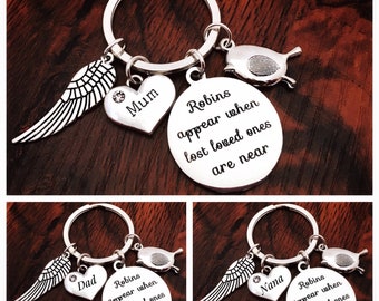 In Loving Memory Gift, Robins Appear When Lost Loved Ones Are Near, Round Charm, Organza Bag, Choice Of Name Charm