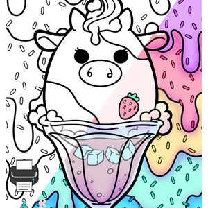 May include: A black and white line drawing of a cartoon unicorn cow wearing a whipped cream hat and sitting in a sundae glass with ice cubes. The background is a colorful abstract design with pink, blue, yellow, and green colors.