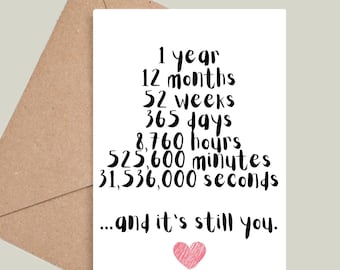 One Year Valentines, Anniversary, Birthday, Thank You Card! First, 1st Relationship, Couple, Months, Weeks, Minutes, Seconds, For Him & Her