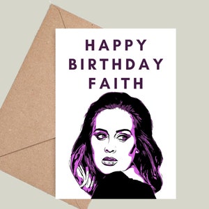 May include: A birthday card with a purple and black illustration of a woman with the text "Happy Birthday Faith" on a white background.
