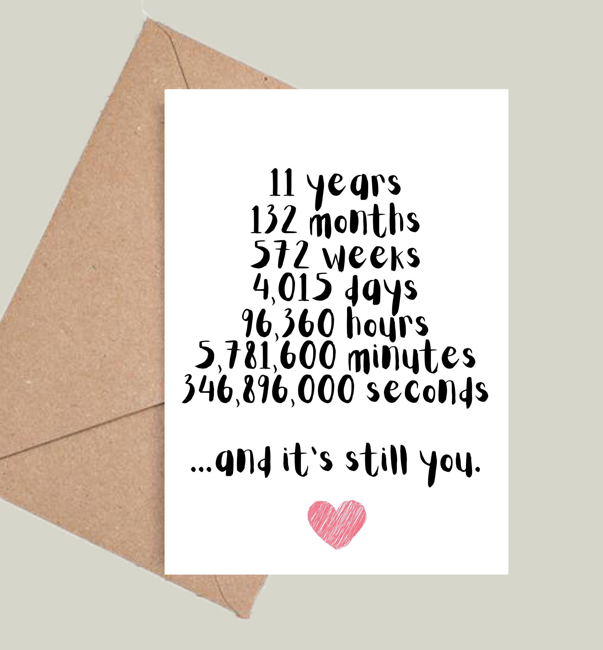 Eleven Years Valentine, Anniversary, Birthday, Thank You Card! 11th, Relationship, Couple, Months, Weeks, Minutes, Seconds, For Him & Her