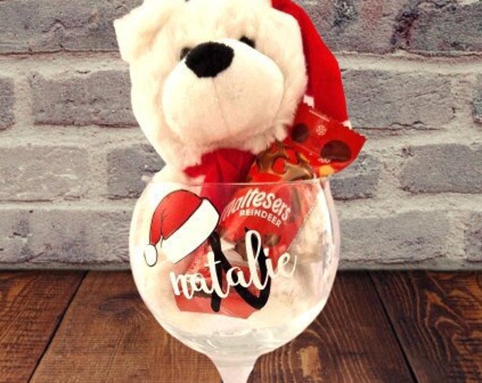 Personalised Xmas Gin Glass with Teddy and Chocolate gift wrapped