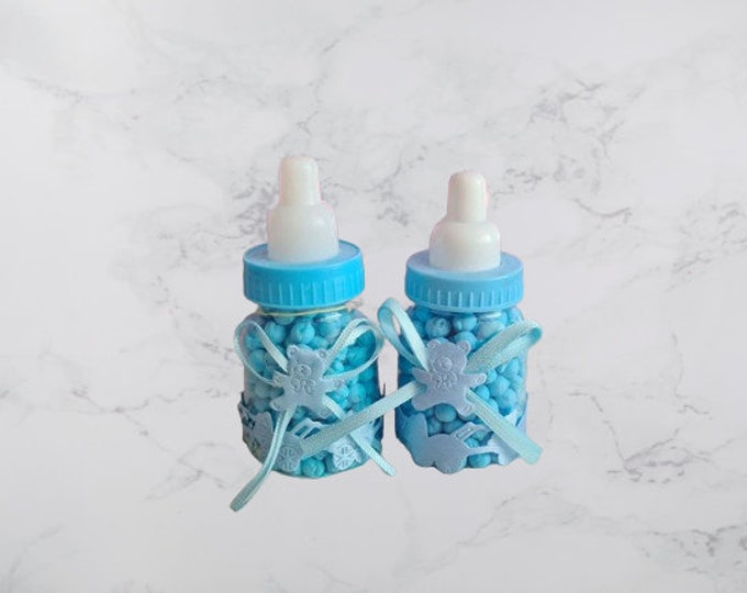 Prefilled personalised baby shower sweet bottles