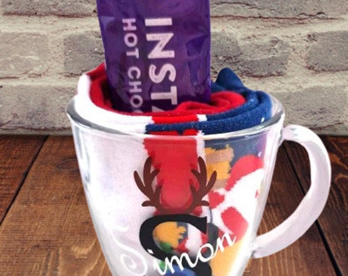 Personalised Glass Mug with Xmas Socks and Hot Chocolate