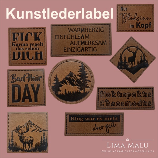 Kunstleder-Label Aufnäher: Bad Hair Day, MAMA, Klug war es nicht, Hokus Pokus, Deer, Berge, Allgäu. Fick Dich Karma, Nur Blödsinn im Kopf