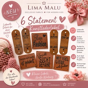Könnte beinhalten: Eine Auswahl an braunen Kunstlederetiketten mit Aufschriften wie "Slow Fashion" und "Handmade". Die Etiketten sind für handgefertigte Bastelarbeiten und Projekte gedacht. Das Bild enthält auch den Text "LIMA MALU" und "Exclusive Fabrics for Modern Kids".