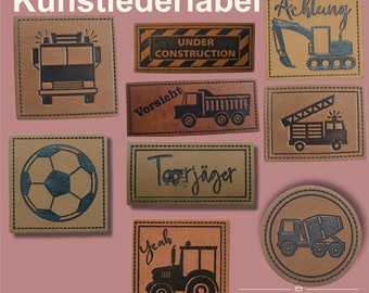 Kunstleder-Label Aufnäher Patches: Feuerwehr, Baustelle, Bagger, Betonmischer, Traktor, Fussball, Torjänger