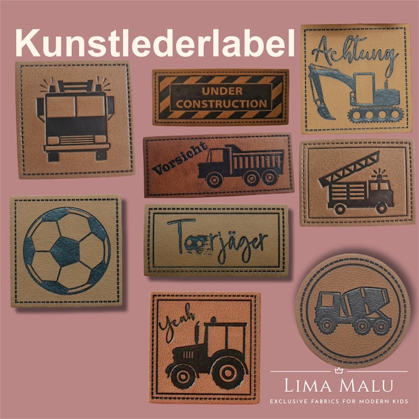 Kunstleder-Label Aufnäher Patches: Feuerwehr, Baustelle, Bagger, Betonmischer, Traktor, Fussball, Torjänger