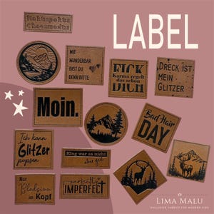 Kunstleder-Label Aufnäher Patches DIY: Bad Hair Day, MAMA, Klug war es nicht, Hokus Pokus, Deer, Berge, Karma, Blödsinn im Kopf, IMPERFECT