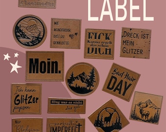 Faux leather label patches DIY: Bad Hair Day, MAMA, That wasn't smart, Hocus Pocus, Deer, Mountains, Karma, Nonsense in my head, IMPERFECT