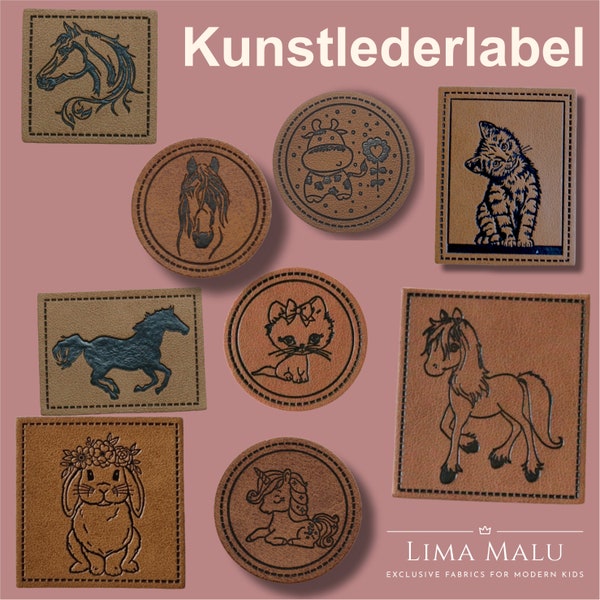 Kunstleder-Label Aufnäher Patches: Pferd, Pony, Kuh, Katze, Einhorn, Hase, Haustiere