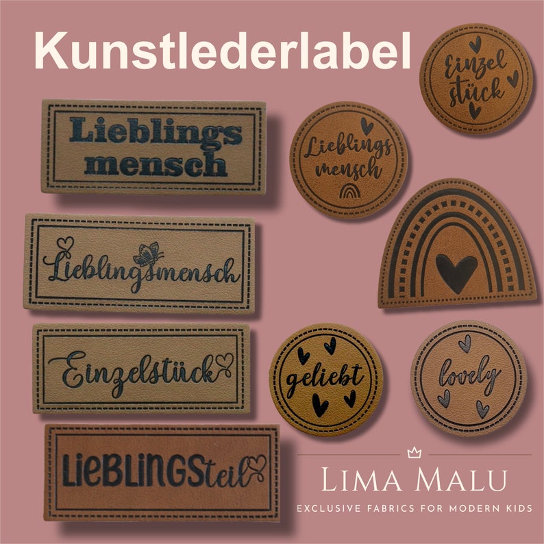 May include: A selection of brown faux leather labels with black text. The labels feature various phrases including "Lieblingsmensch", "Einzelst&uuml;ck", "geliebt", and "lovely". The labels are ideal for adding a personal touch to handmade items.