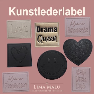 Kunstleder-Label Aufnäher Patches - Heart Leo, Heart, Smiley, Drama Queen, Love , Hab Dich lieb, Kl. Schnecke, Prinzessin, Sandkastenräuber