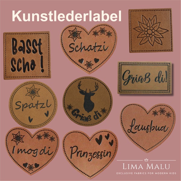 Kunstleder-Label Aufnäher Patches Allgäu- Basst scho!, Schatzi, Edelweiss, Spatzl, Griaß Di Hirsch, Griaß di!, I mog di, Prinzessin, Lausbua