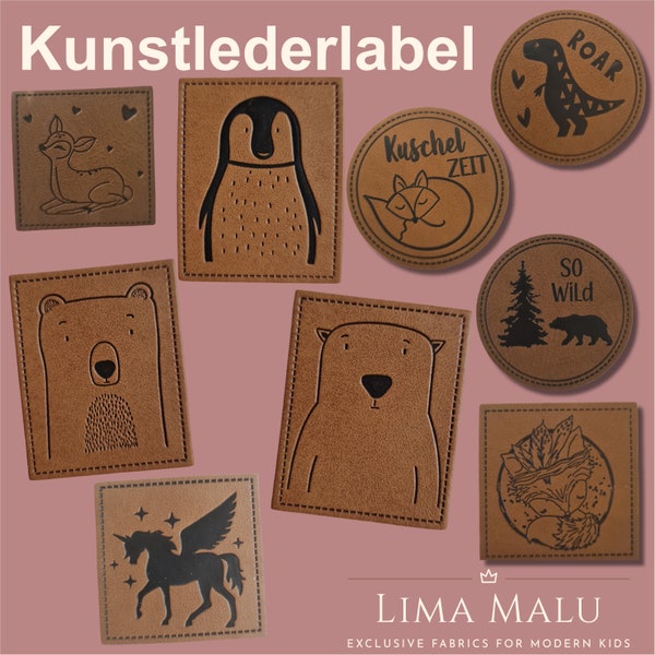 Kunstleder-Label Aufnäher Patches - Dino, So Wild, Kuschelzeit, Bär, Eisbär, Pinguin, Reh, Einhorn, Boho Fuchs