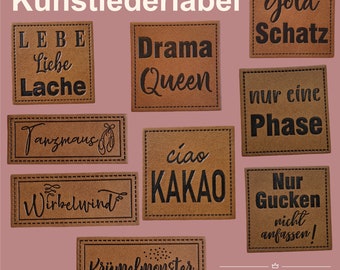 Kunstleder-Label Aufnäher: Lebe Liebe Lache, Queen, Ciao Kakao, Goldschatz, Nur eine Phase, Nur Gucken, Krümelmonster, Tanzmaus, Wirbelwind