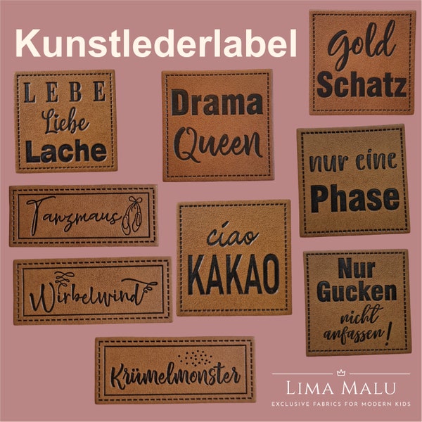 Kunstleder-Label Aufnäher: Lebe Liebe Lache, Queen, Ciao Kakao, Goldschatz, Nur eine Phase, Nur Gucken, Krümelmonster, Tanzmaus, Wirbelwind