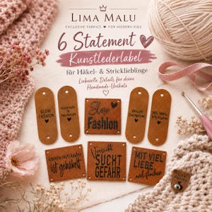Könnte beinhalten: Sechs braune Kunstlederetiketten mit schwarzem Text und Herzsymbolen, mit Aufschriften wie Slow Fashion, Handmade & Heartmade, Vorsicht Suchtgefahr, 90% Wolle, 10% fluchen, kannste nicht kaufen ist gehäkelt und MIT VIEL LIEBE und fluchen.