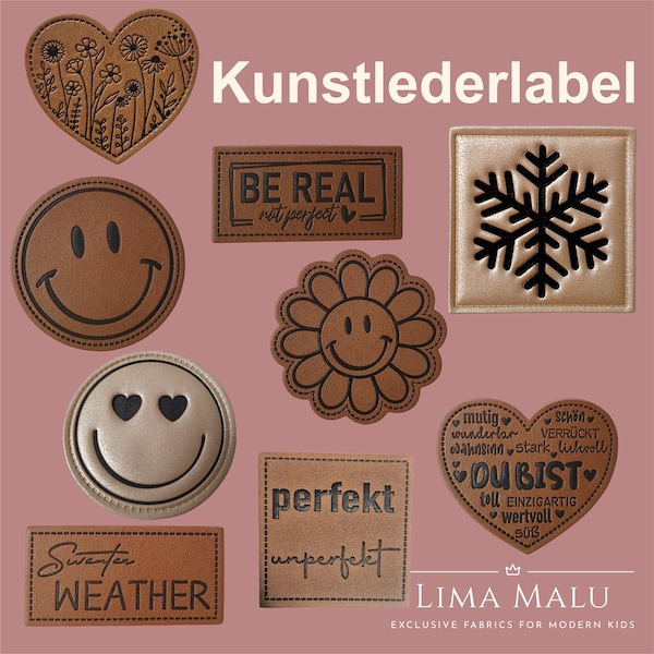 Kunstleder-Label Aufnäher Patches - Smiley Blume, Smiley, Smiley Heart Gold, Du bist, Be Real, Snowflake, Sweater Weather, Perfekt unperfekt