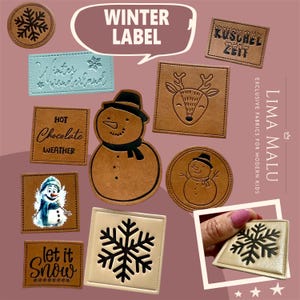 Könnte beinhalten: Eine Sammlung winterlicher Etiketten in verschiedenen Formen und Farben mit Motiven wie Schneemann, Schneeflocke und Hirsch. Der Text umfasst Winter Label, Kuschel Zeit, Winter Wonderland, Hot Chocolate Weather und let it Snow.