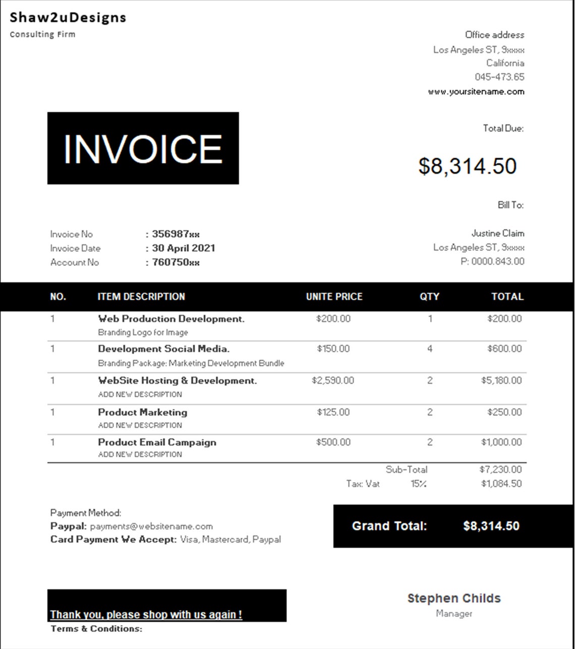 Custom digital excel invoice template auto calculation in etsy