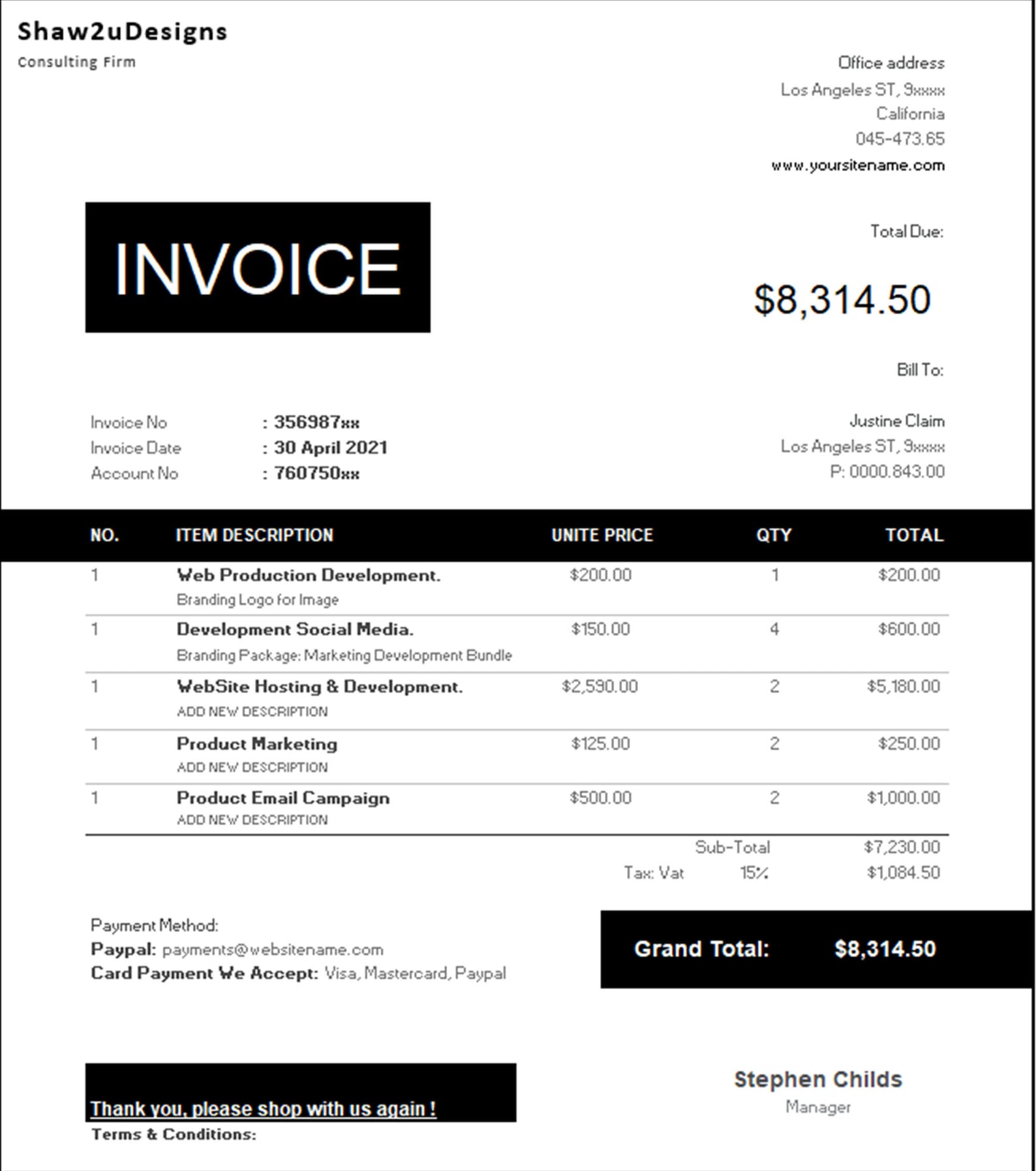 Custom Digital Excel Invoice Template Auto-calculation in - Etsy