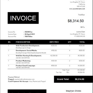May include: Invoice for web production development, social media development, website hosting and development, product marketing and email campaign. The invoice total is $8,314.50.