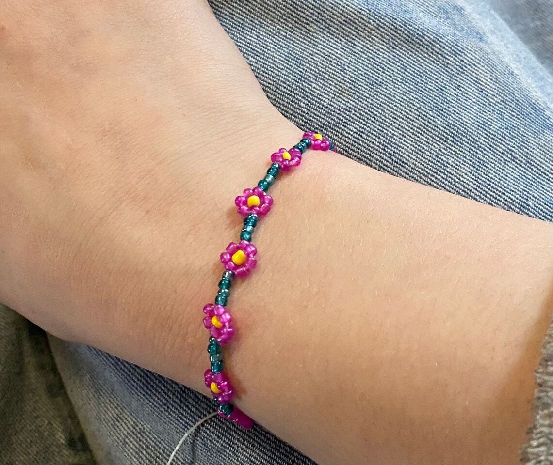 Blue and Pink Beaded Elastic Anklet / Bracelet Etsy