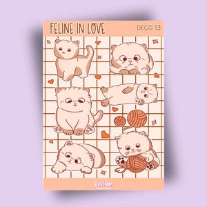 Sticker Sheet Feline In Love | planner stickers, kitties stickers, bullet journal stickers, animals, scrapbook stickers, cozy art, calendar