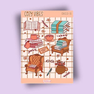 Sticker Sheet| Cozy journal stickers, calendar, planner stickers, scrapbook stickers, book stickers, cozy art, illustration, reading