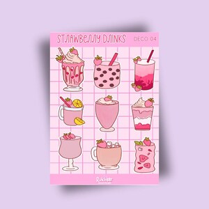 Sticker Sheet | Strawberry Drinks Stickers, journal stickers, calendar, planner stickers, scrapbook stickers, summer art, illustration,