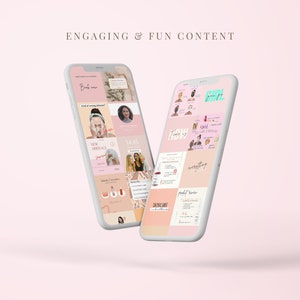May include: Two smartphone screens displaying a variety of social media posts. The posts feature images of people, products, and text. The text includes phrases like "New Arrivals", "Skincare", and "Product Review".
