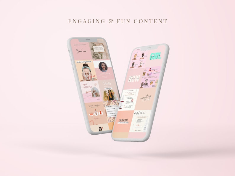 May include: Two smartphone screens displaying a variety of social media posts. The posts feature images of people, products, and text. The text includes phrases like "New Arrivals", "Skincare", and "Product Review".
