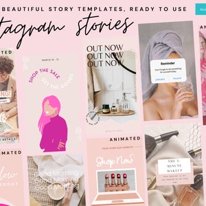 May include: A collage of 12 Instagram story templates with animated graphics. The templates feature various themes, including hiring, sales, beauty, and reminders. The templates are designed in a pink and white color scheme with text overlays.
