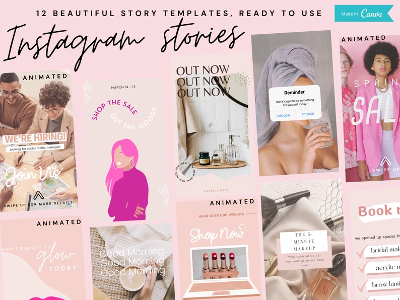 May include: A collage of 12 Instagram story templates with animated graphics. The templates feature various themes, including hiring, sales, beauty, and reminders. The templates are designed in a pink and white color scheme with text overlays.