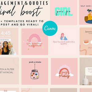 May include: A collection of pink and white social media templates with text overlays. The templates feature quotes, motivational messages, and lifestyle imagery. Some of the text includes "Viral Boost", "Life is better in pajamas", "Stay focused and extra sparkly", "Ditch a filter, get a facial", "Yay Friday", and "Self care isn't selfish".