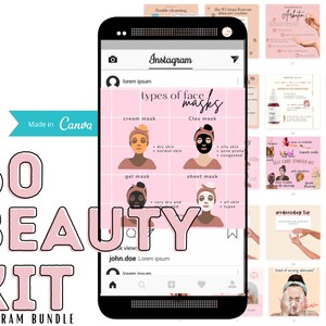May include: A pink and white graphic design template for Instagram featuring a phone screen with a pink and white grid showing different types of face masks. The text "types of face masks" is in black text. The text "cream mask", "gel mask", "sheet mask", and "clay mask" are in black text. The text "dry skin", "normal skin", "oily skin", "acne prone", "congested", "very dry and sensitive", and "all skin types" are in black text. The text "lorem ipsum" is in black text. The text "Instagram" is in black text. The text "60 BEAUTY KIT" is in pink and white text. The text "INSTAGRAM BUNDLE" is in black text. The text "Made in Canva" is in blue and white text.