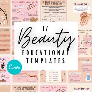 May include: A collage of pink and peach colored digital templates for beauty education. The templates feature illustrations of skincare products, face masks, and jade rollers. The text on the templates includes titles like "Sun Safety Skin Guide", "10 Toxic Ingredients to Avoid in Cosmetics", and "Benefits of Jade Rolling". The word "Beauty" is written in large, bold letters in the center of the collage.