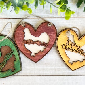 Chicken Ornament Set, Wooden Chicken Decor, Rustic Farmhouse Decor, Chicken Mom, Crazy Chicken Lady, Valentine Chicken Decor